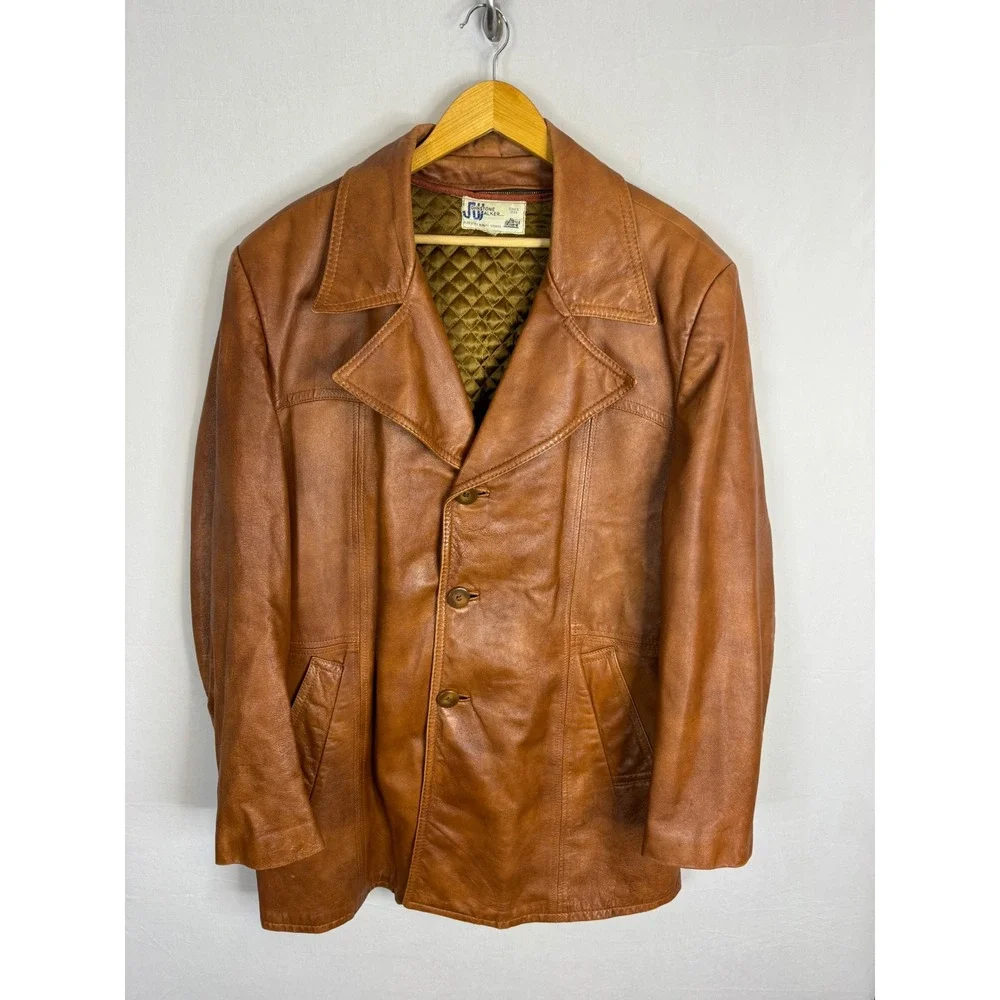Vintage Johnstone Walker Mens Brown Leather Blazer Jacket Quilted Liner 48 XL